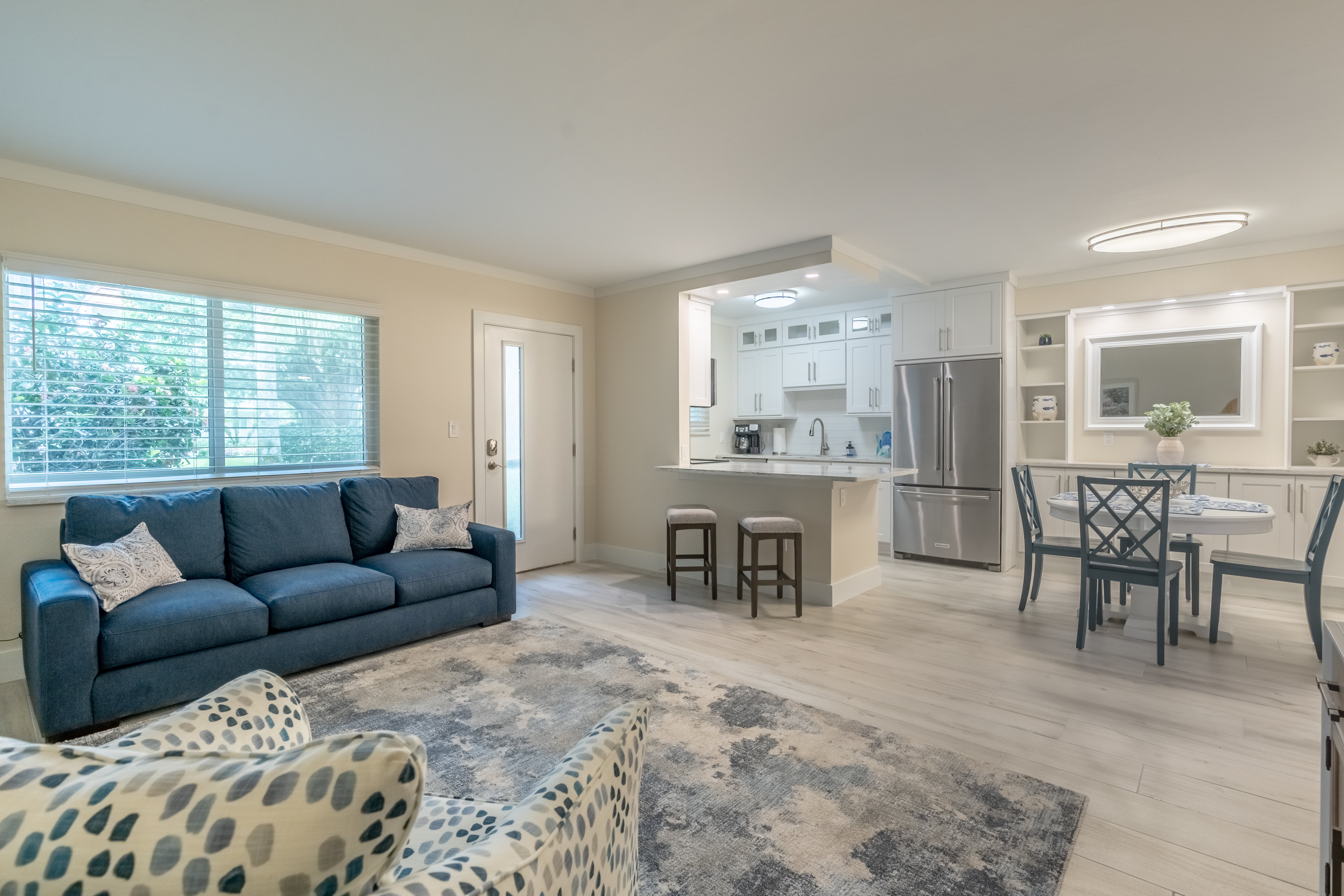 Open-plan living, dining, and kitchen